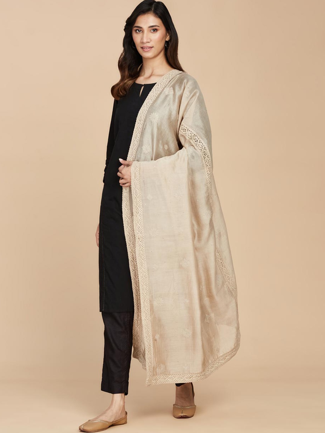 

Fabindia Ethnic Motifs Chikankari Embroidered Dupatta, Beige