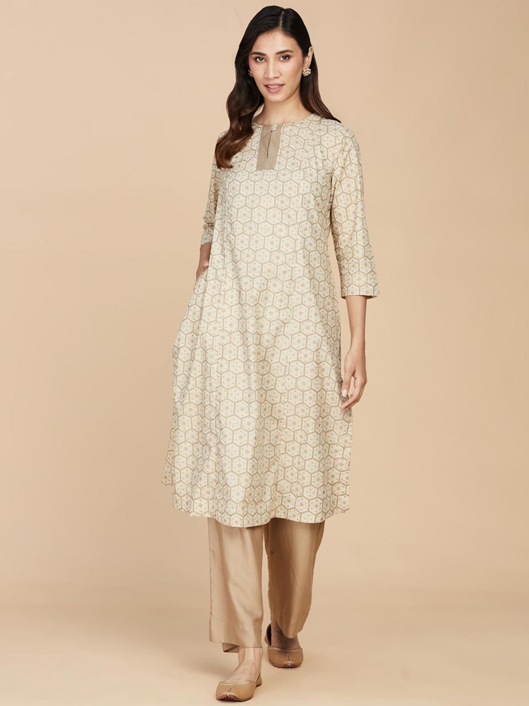 

Fabindia Ethnic Motifs Printed A-Line Cotton Kurta, Beige