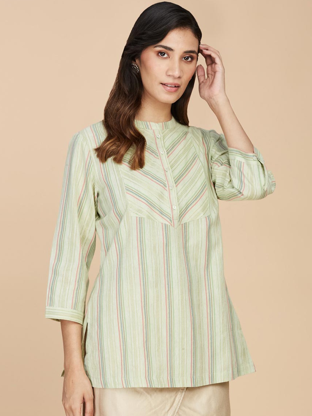 

Fabindia Mandarin Collar Striped Kurti, Green