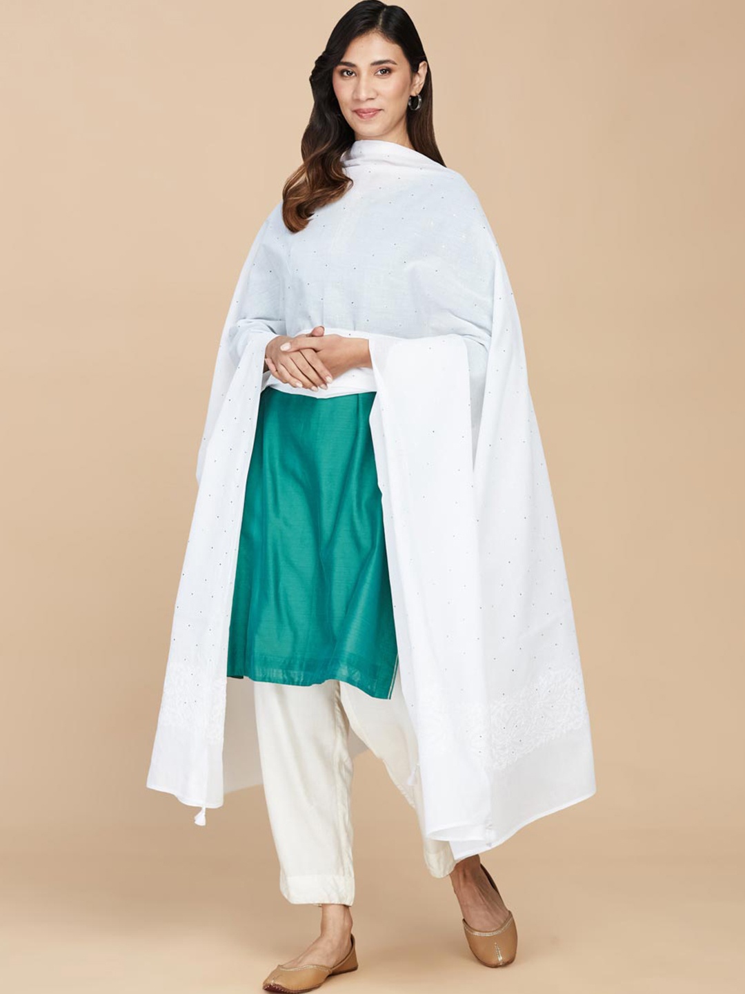 

Fabindia Ethnic Motifs Sequinned Embroidered Cotton Dupatta, White