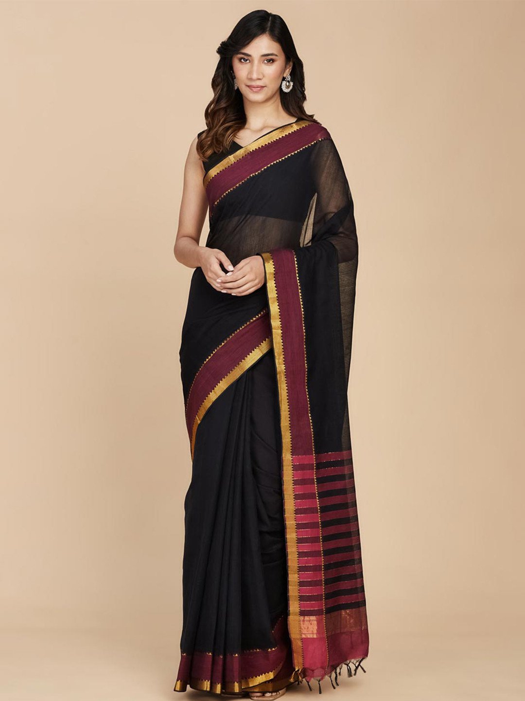 

Fabindia Zari Pure Cotton Saree, Black