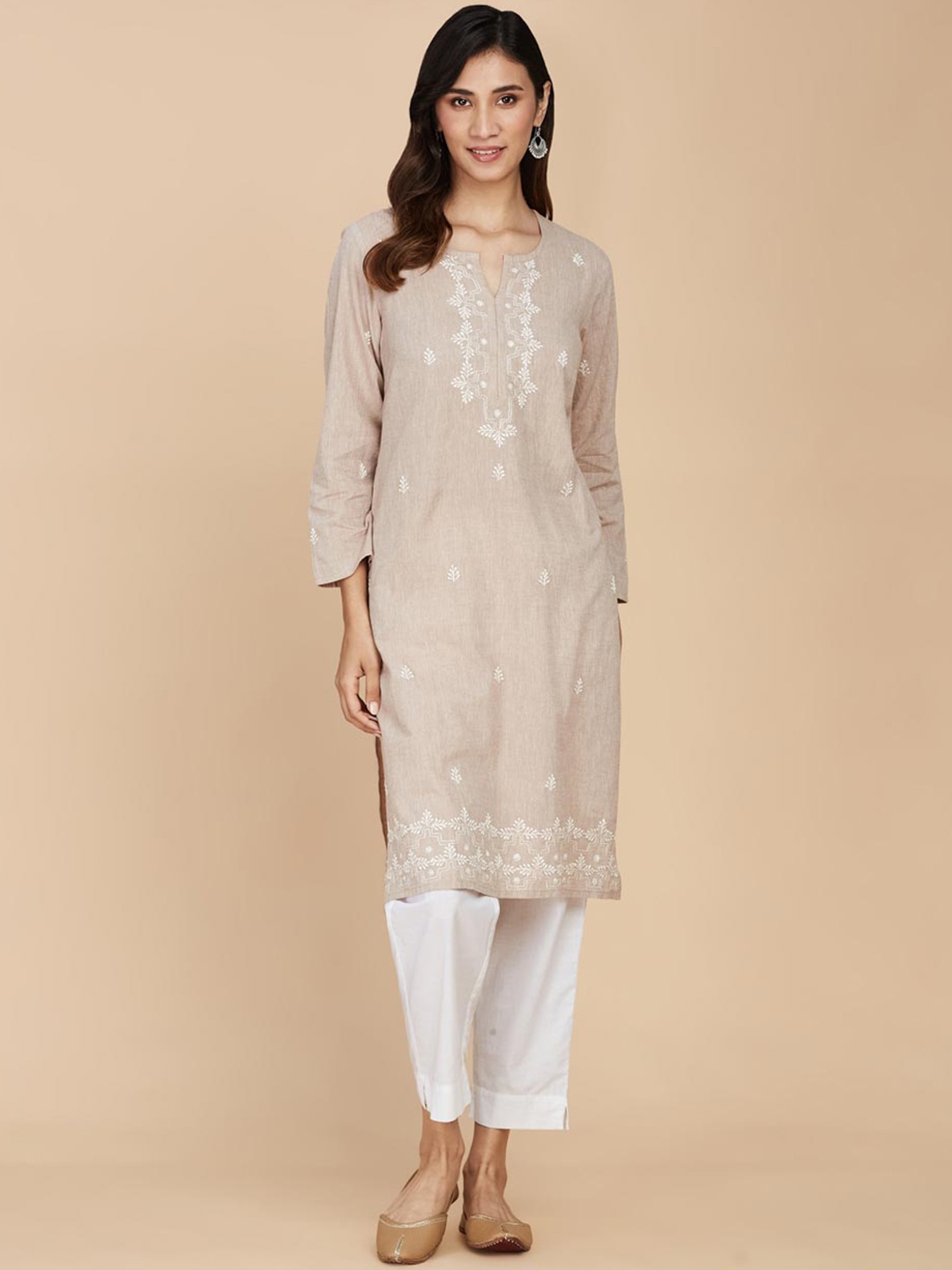 

Fabindia Ethnic Motifs Embroidered Pure Cotton Kurta with Salwar, Beige