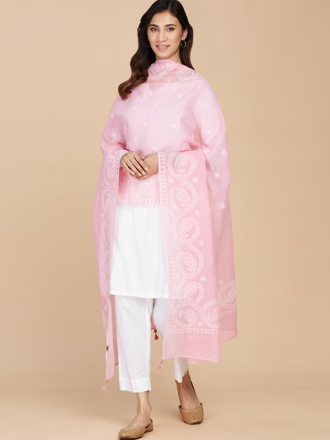 

Fabindia Ethnic Motifs Embroidered Dupatta, Pink