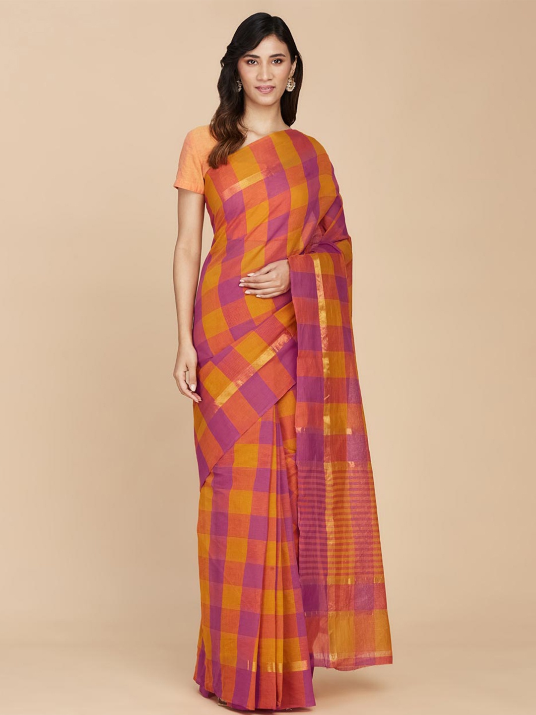 

Fabindia Checked Pure Cotton Saree, Mustard
