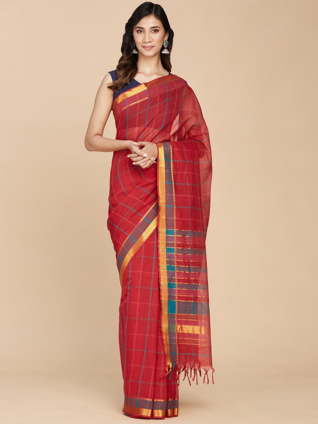 

Fabindia Checked Zari Pure Cotton Saree, Red