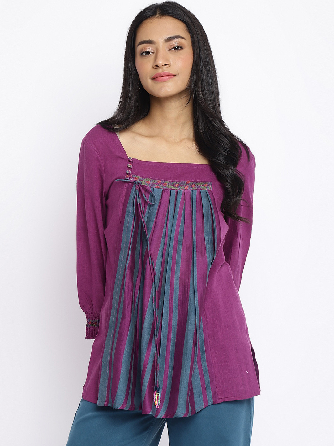 

Fabindia Square Neck Pleated Striped Cotton Kurti, Purple