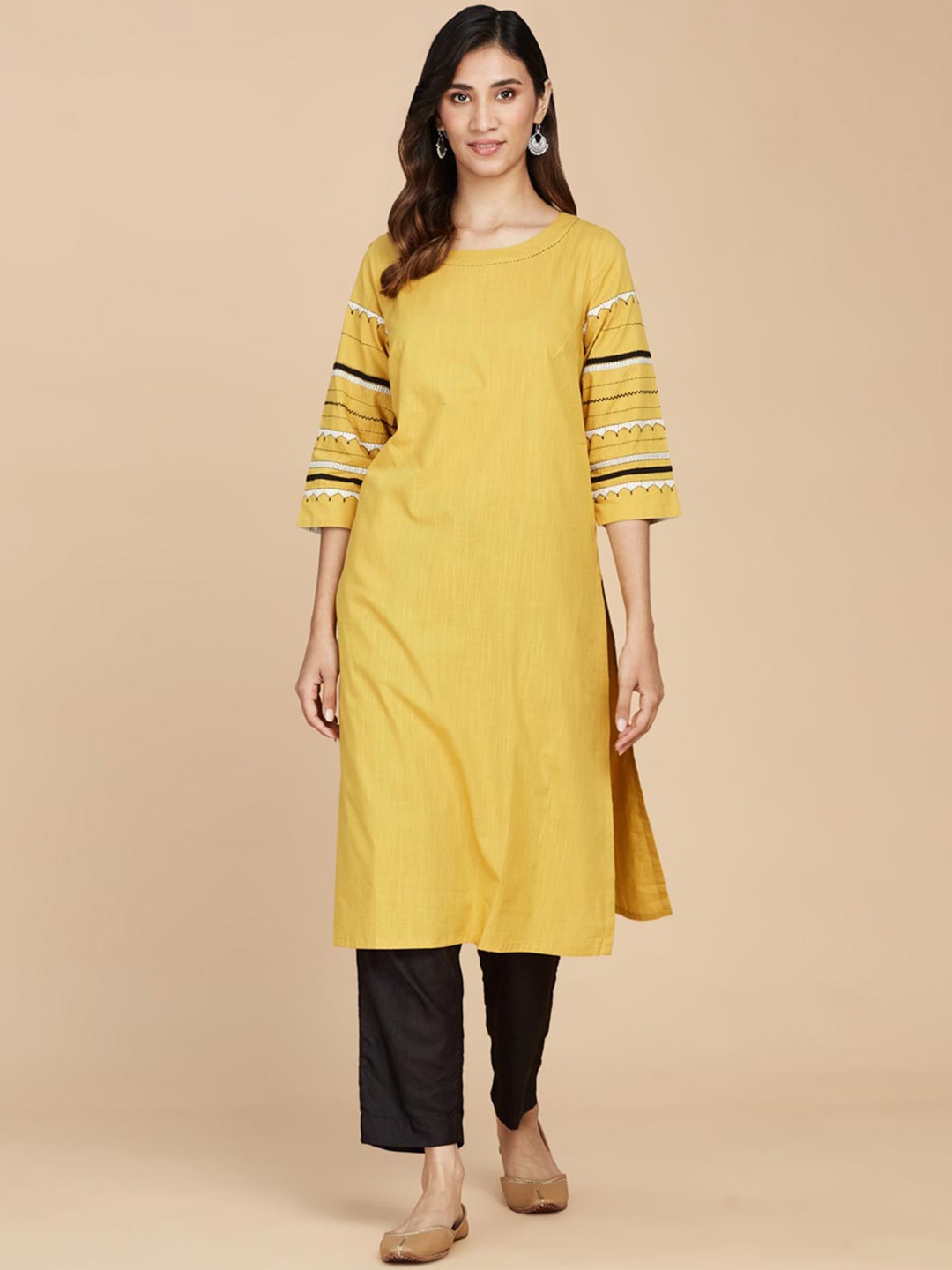 

Fabindia Round Neck Ethnic Motifs Printed Straight Cotton Kurta, Mustard