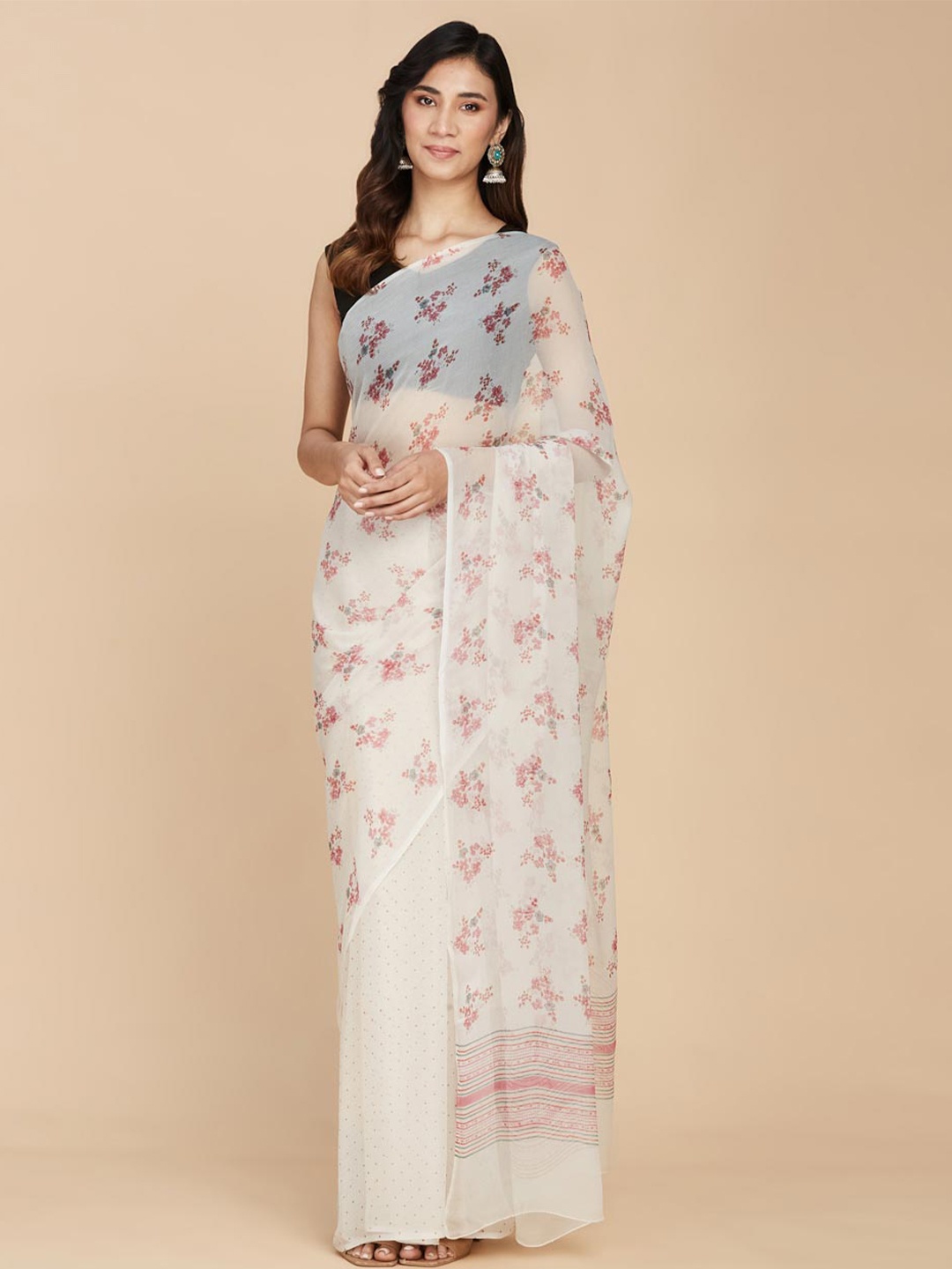 

Fabindia Floral Printed Saree, Off white