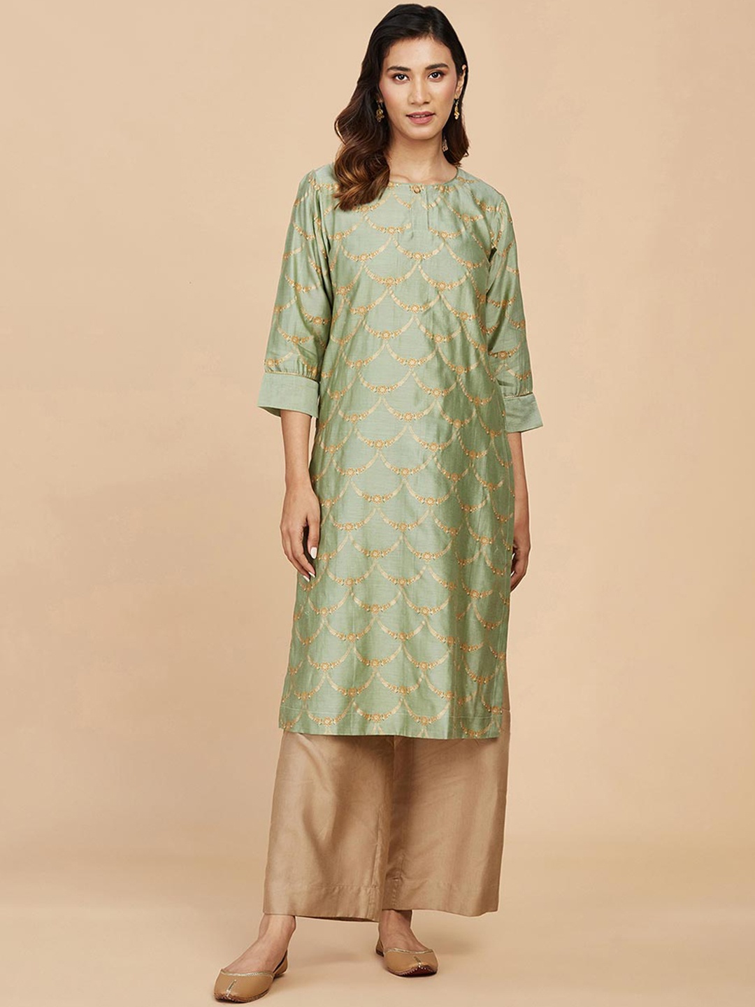 

Fabindia Ethnic Motifs Woven Design Straight Cotton Silk Kurta, Green