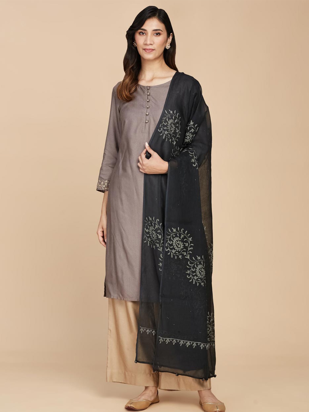 

Fabindia Ethnic Motifs Embroidered Dupatta, Black
