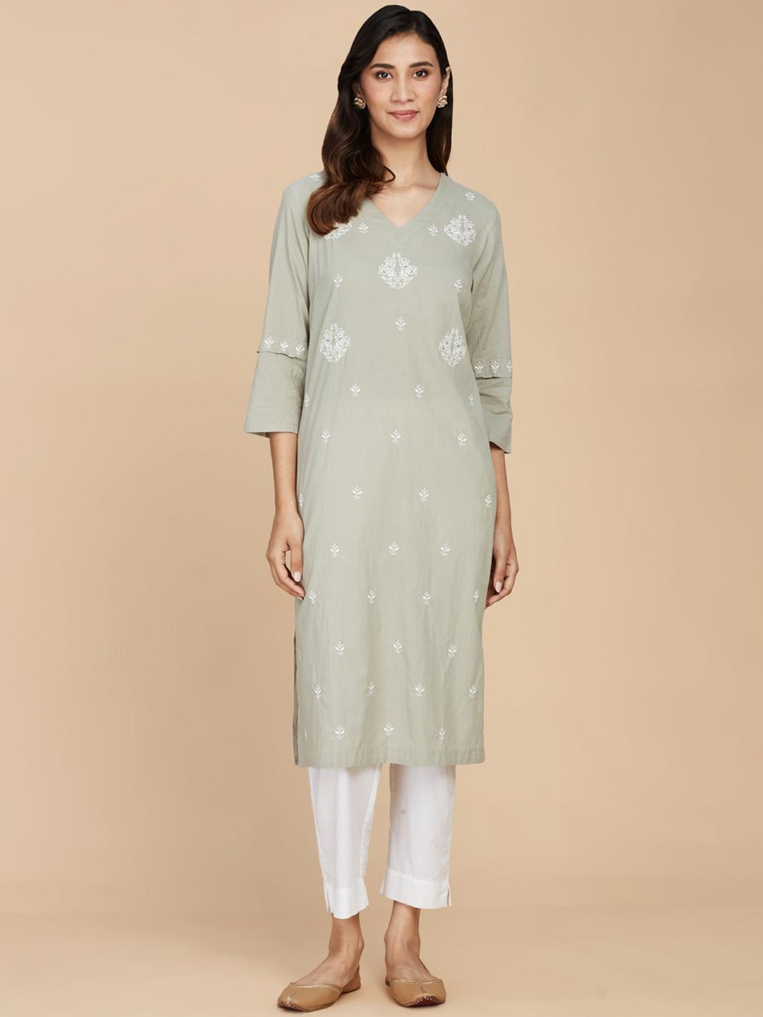 

Fabindia V-Neck Ethnic Motifs Printed Straight Cotton Kurta, Green