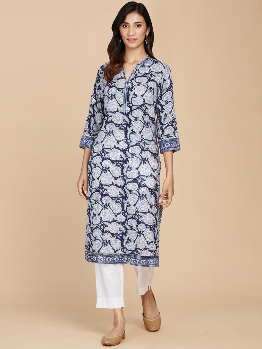 

Fabindia Floral Printed Mandarin Collar Cotton Kurta, Navy blue