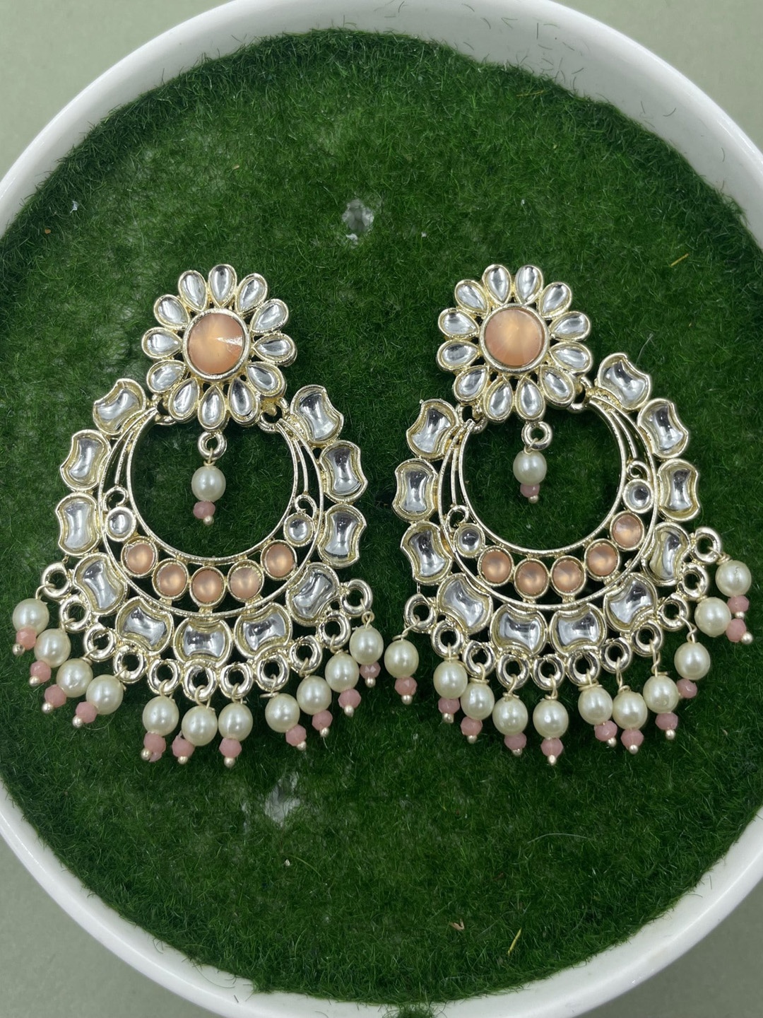 

Rhymee Gold-Plated & Orange Floral Kundan Chandbalis Earrings