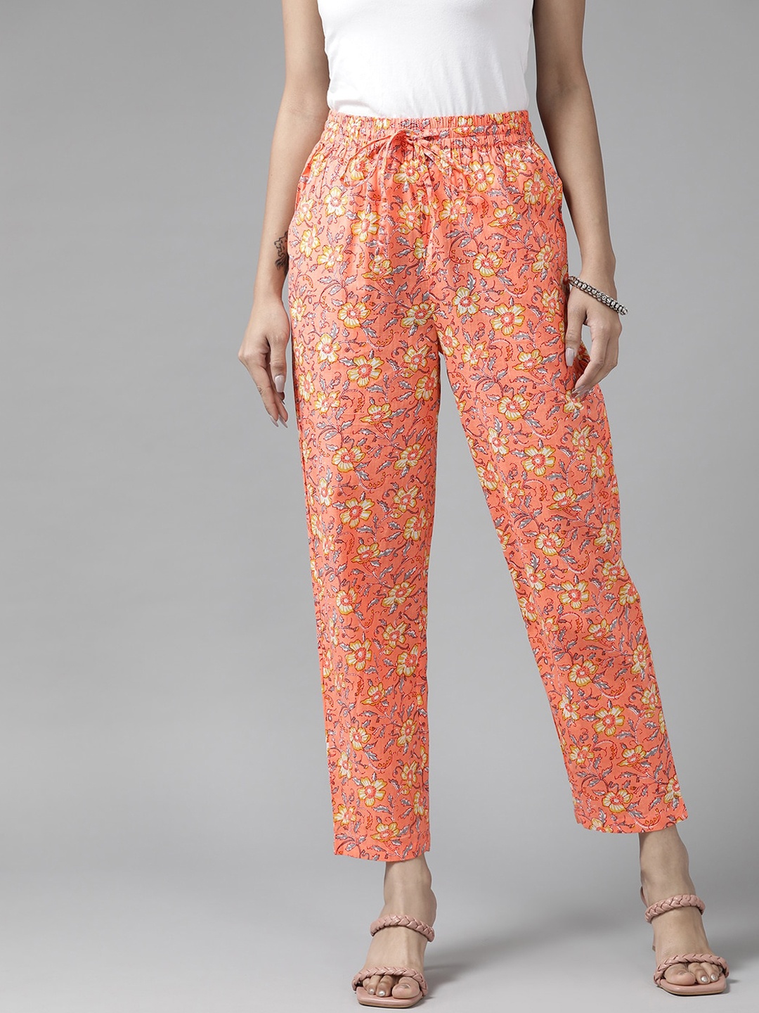 

PANIT Women Peach Ethnic Floral Printed Comfort Fit Easy Wash Cotton Trousers