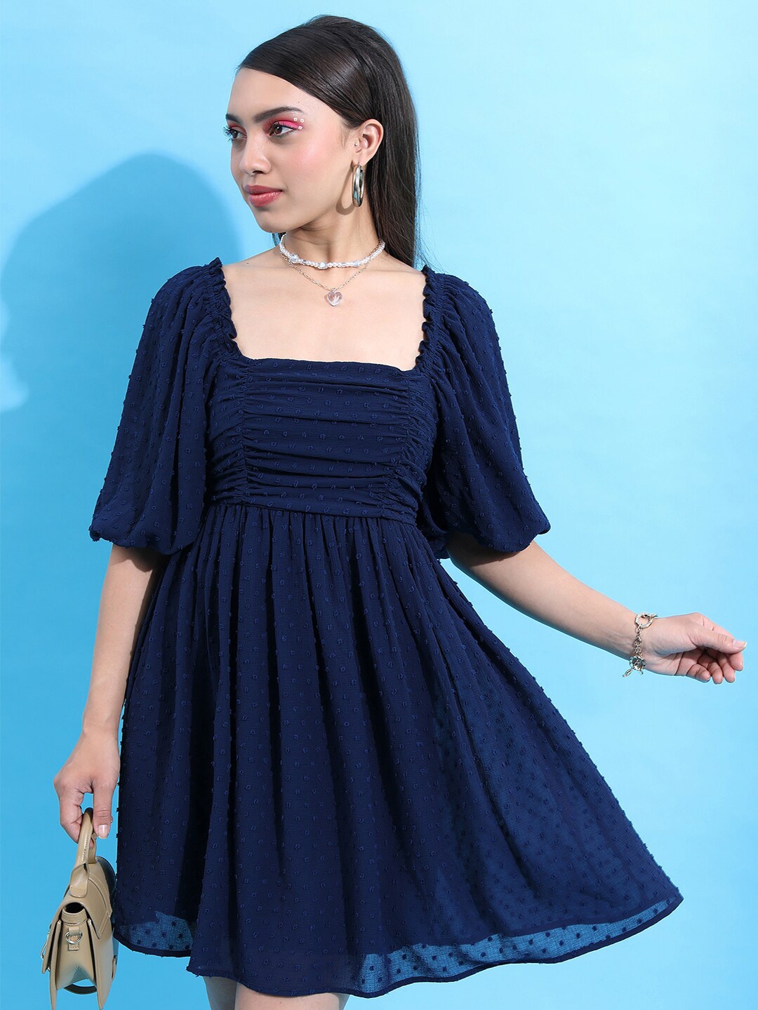 

Tokyo Talkies Navy Blue Flared Sleeve Ruched Fit & Flare Dress