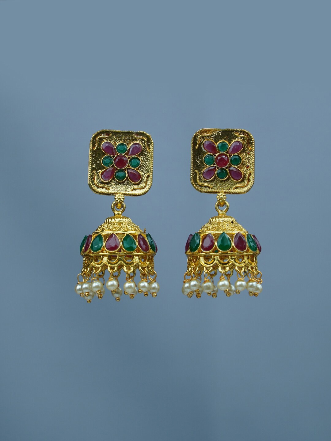 

Diksha collection Gold-Plated Stone-Studded & Beaded Dome Shaped Jhumkas