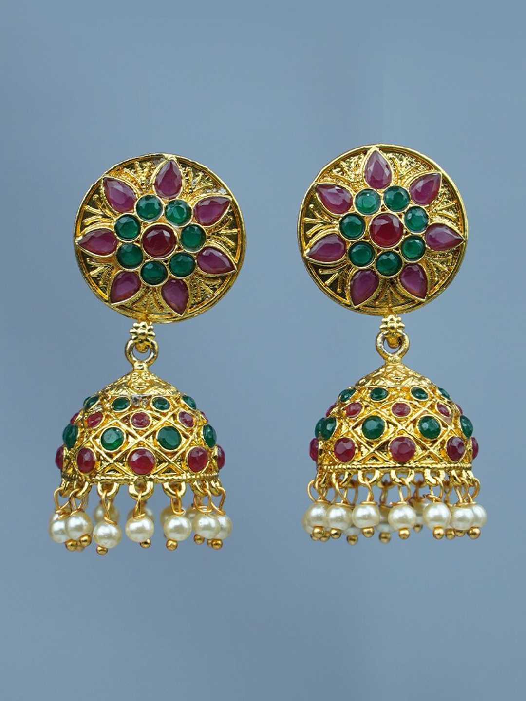 

Diksha collection Gold-Plated Artificial Stones & Beaded Dome Shaped Jhumkas