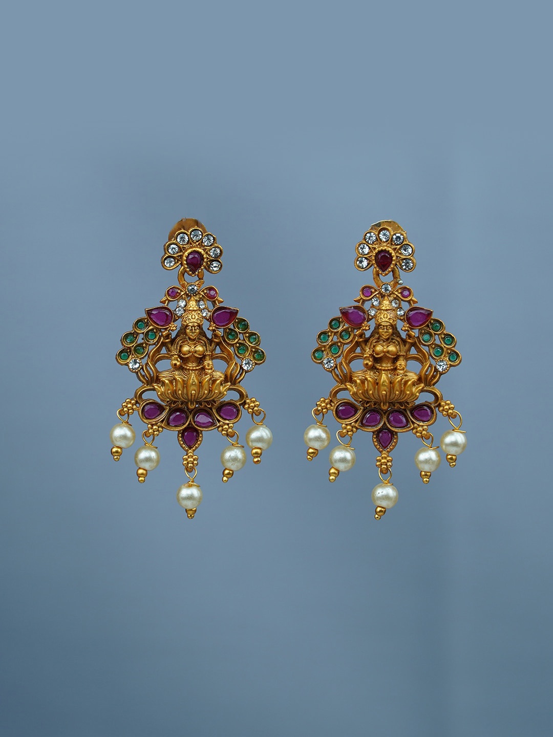 

Diksha collection Gold-Plated Stone Studded & Beaded Leaf Shaped Drop Earrings