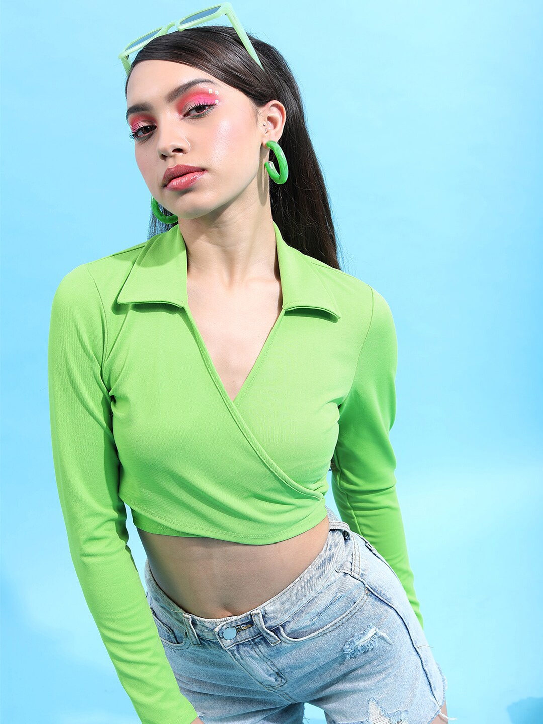 

Tokyo Talkies Shirt Collar Knited Wrap Crop Top, Lime green