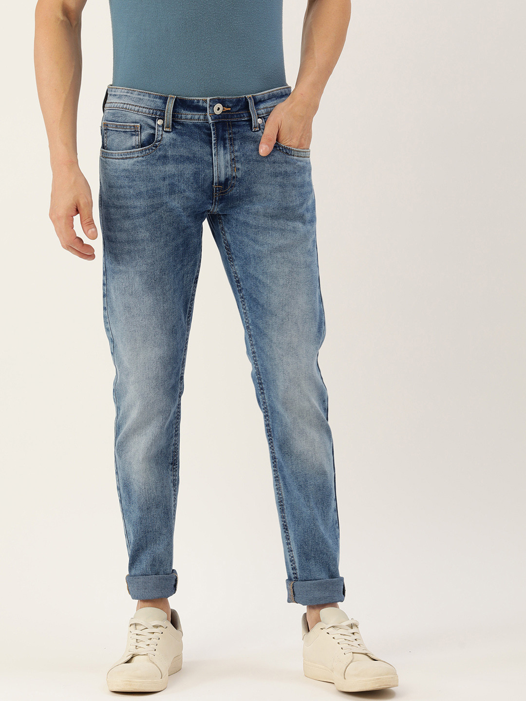 

Peter England Casuals Men Skinny Fit Heavy Fade Stretchable Jeans, Blue