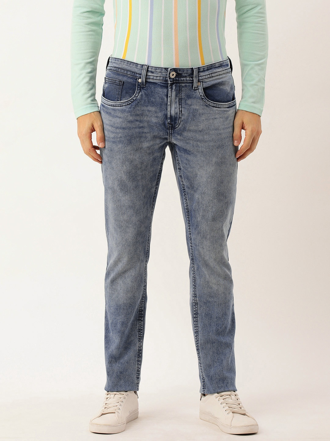 

Peter England Casuals Men Slim Fit Light Fade Acid Wash Stretchable Jeans, Blue