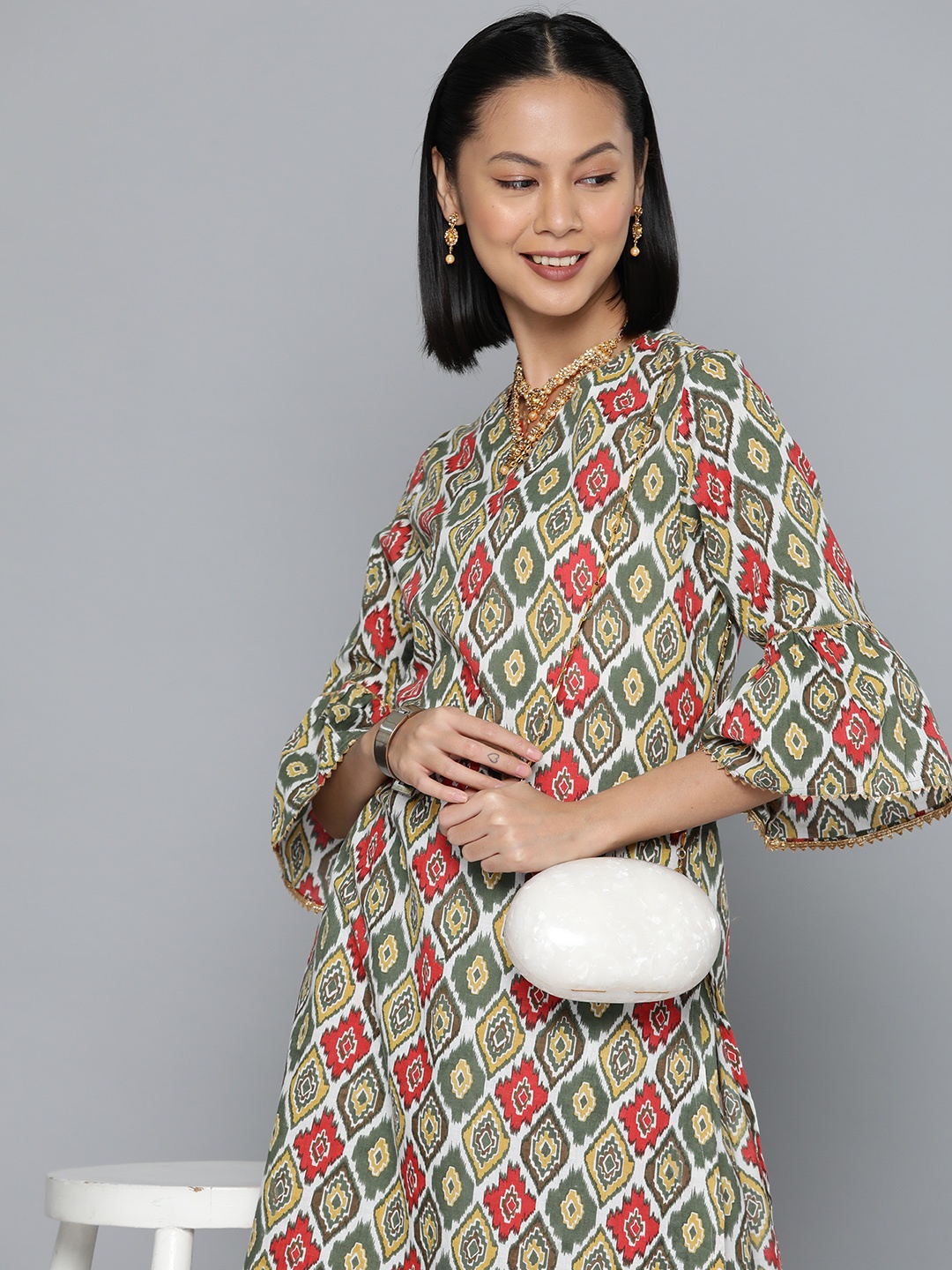 

HERE&NOW Ethnic Motifs Printed Bell Sleeves Gotta Patti Jute Cotton Kurta With Sharara, White