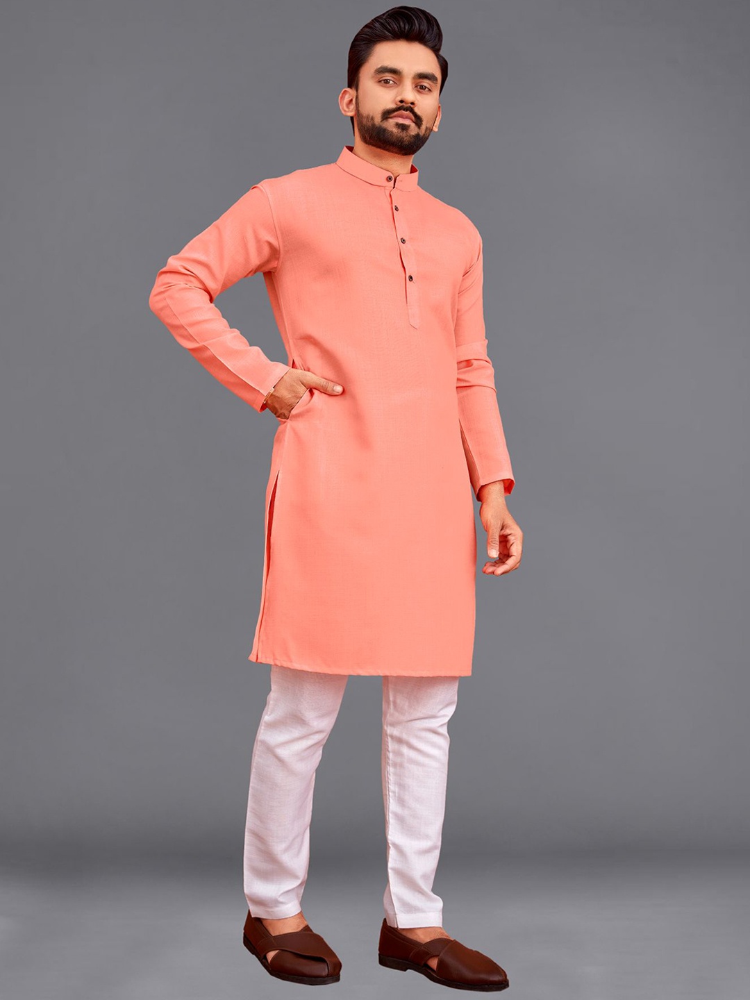 

allan peter Mandarin Collar Straight Cotton Kurta, Peach