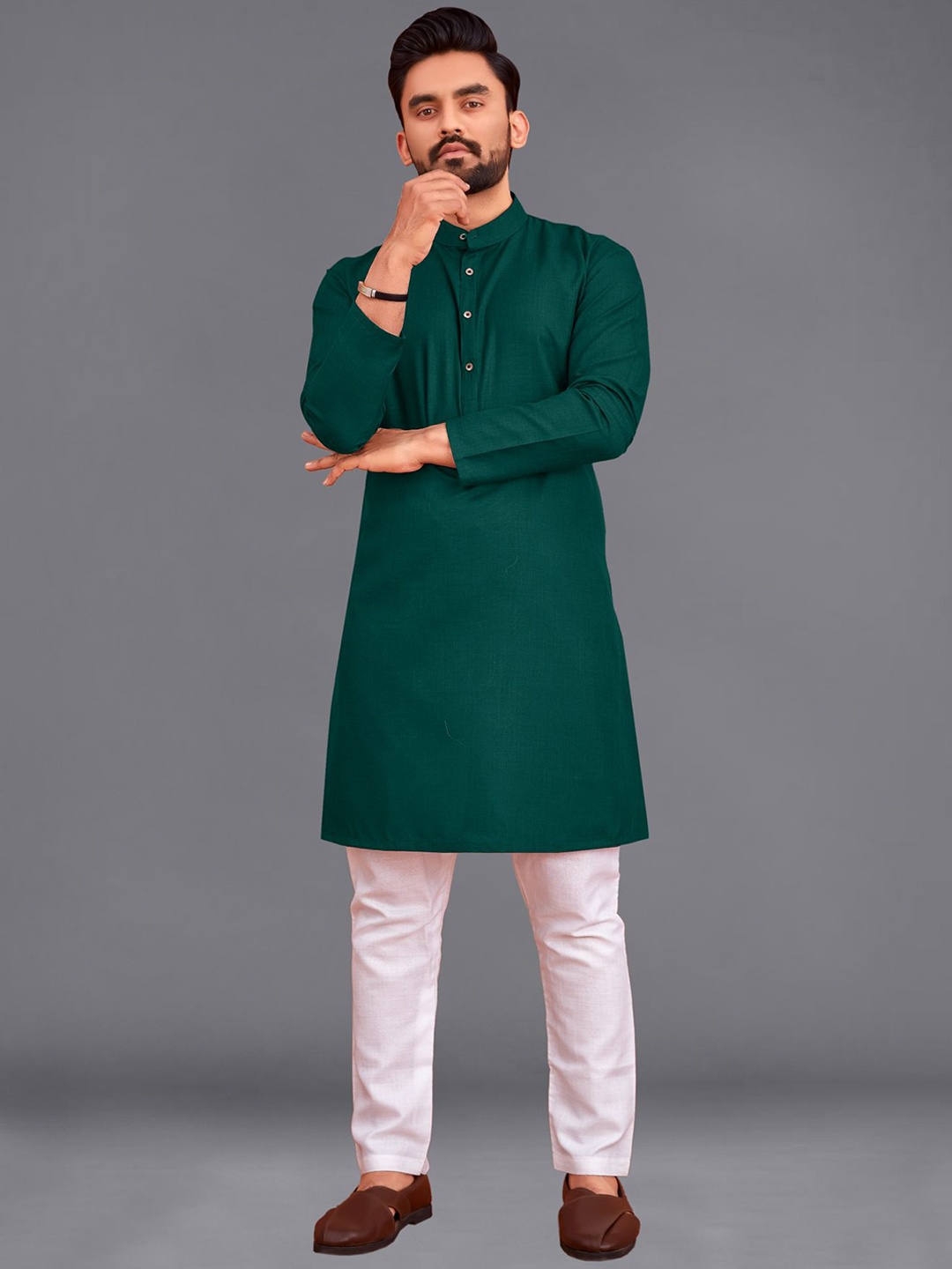 

allan peter Mandarin Collar Straight Cotton Kurta, Green