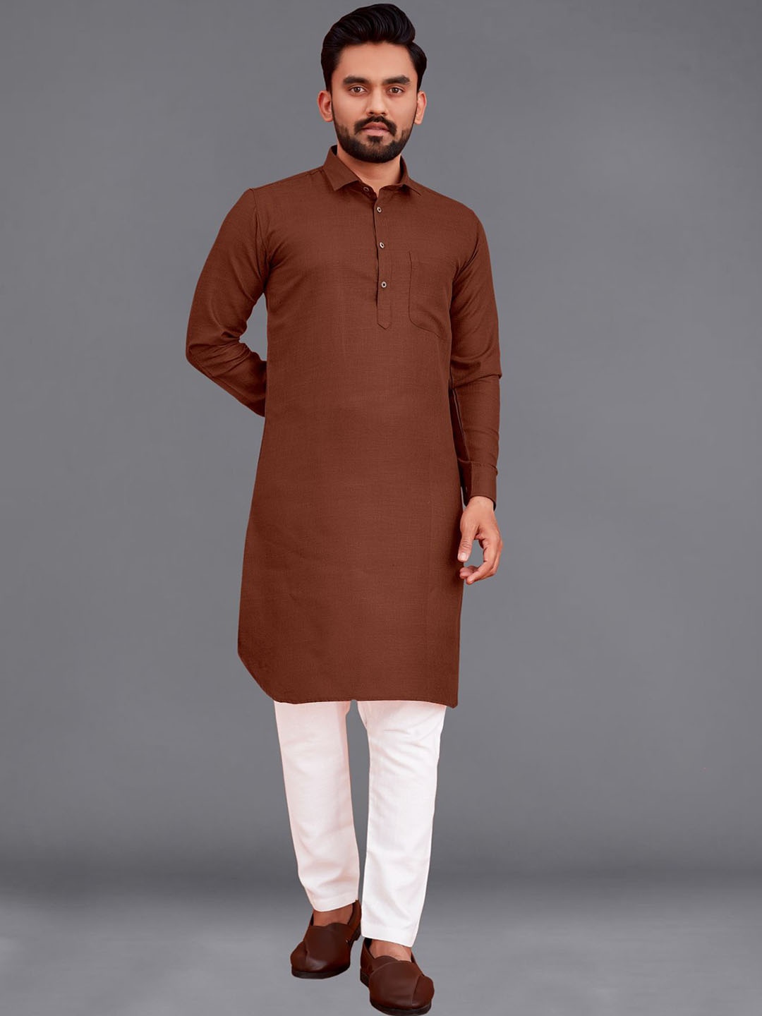 

allan peter Shirt Collar Curved Cotton Kurta, Brown
