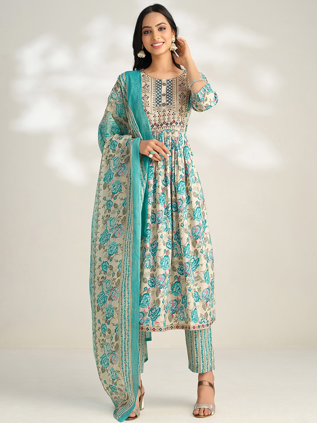 

Sangria Blue & Beige Floral Printed Kurta With Trouser & Dupatta, Turquoise blue