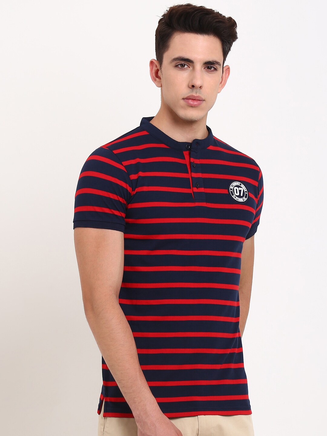 

Metronaut Striped Mandarin Collar T-shirt, Red