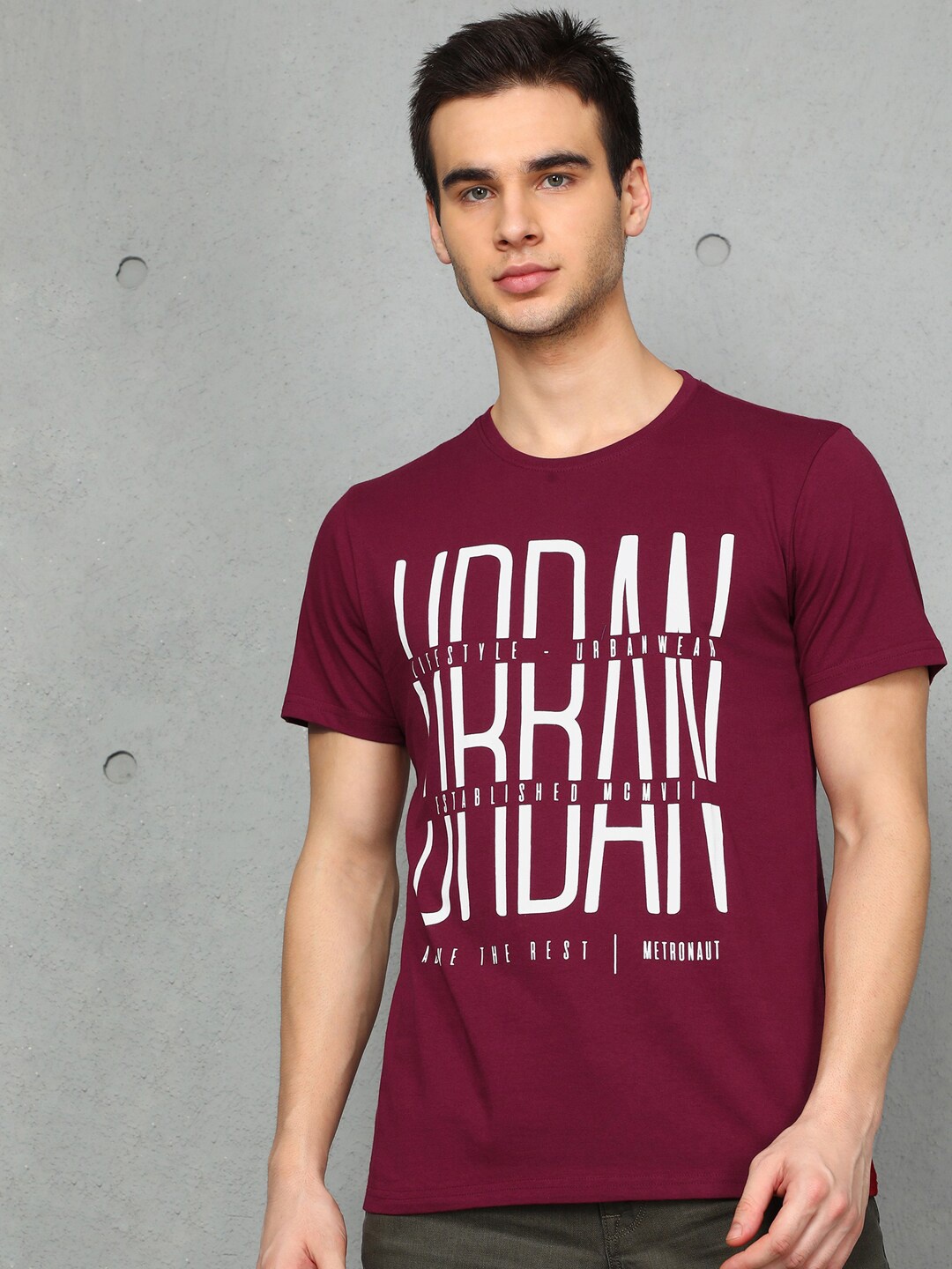 

Metronaut Typography Printed Cotton Casual T-shirt, Maroon