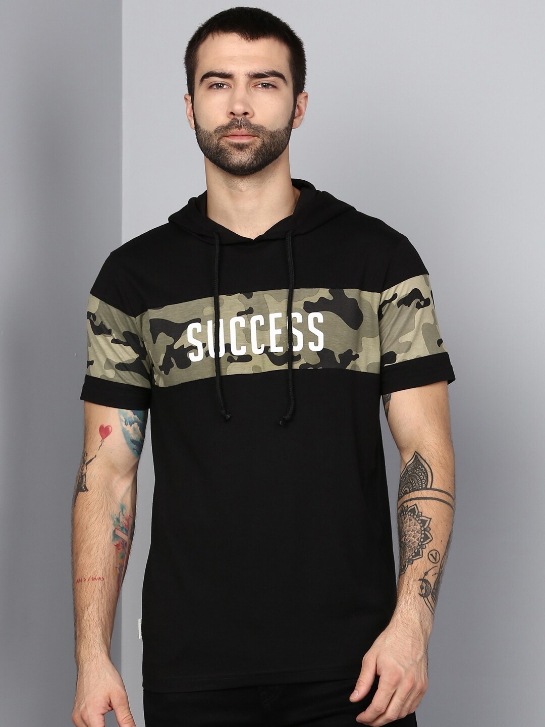 

Metronaut Typography Printed Hooded Cotton Casual T-shirt, Black