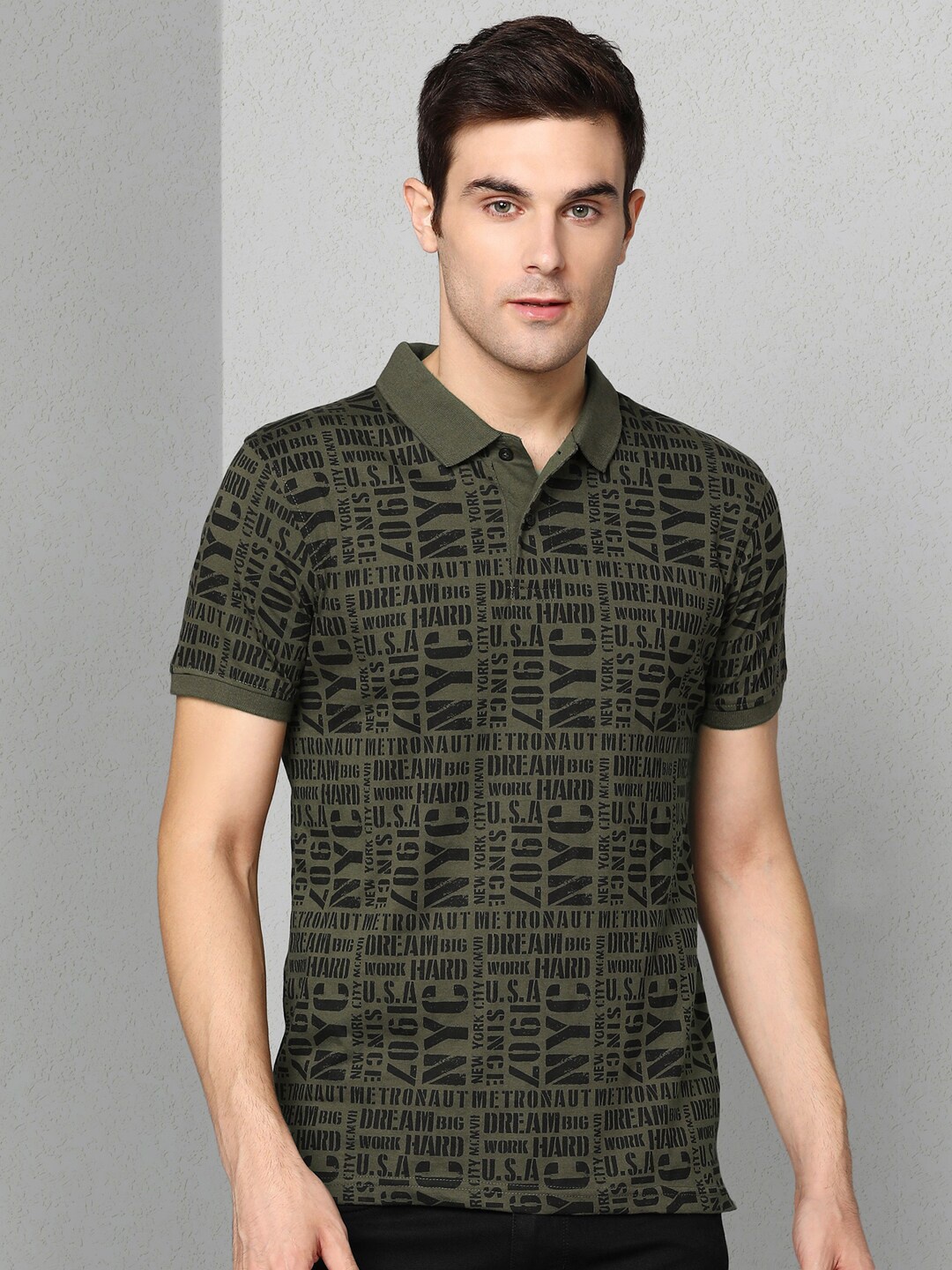 

Metronaut Printed Polo Collar Shrink Proof Cotton T-shirt, Olive