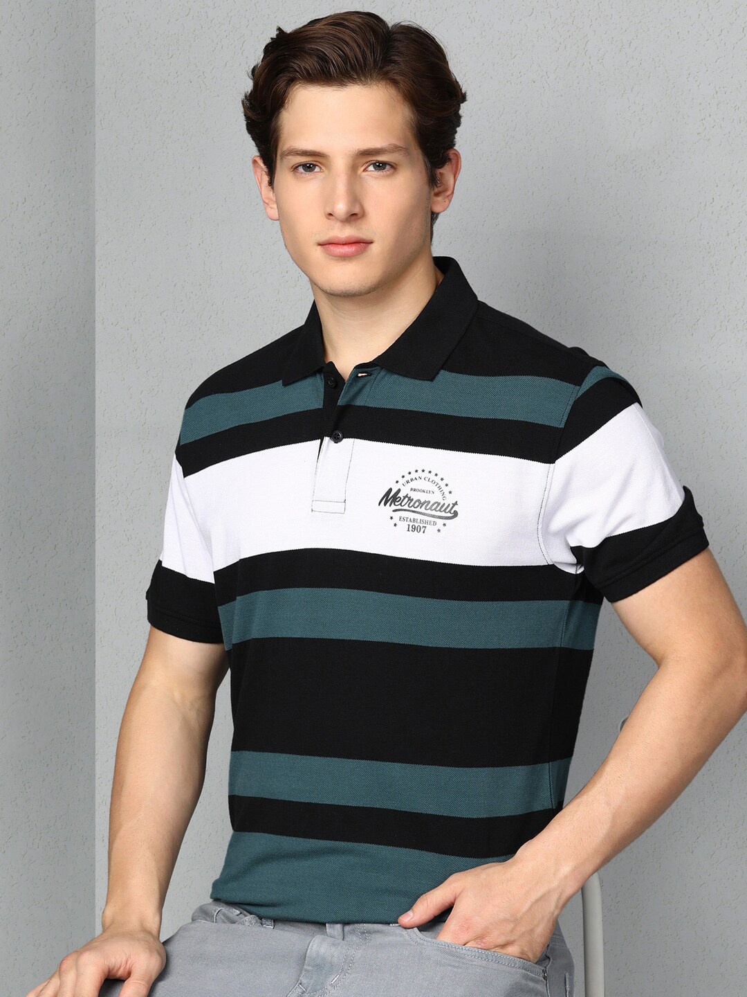 

Metronaut Striped Polo Collar T-shirt, White