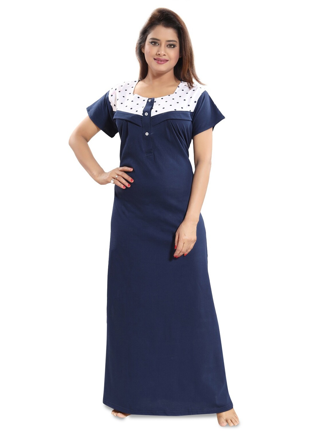 

Fabme Square Neck Pure Cotton Maternity Maxi Nightdress, Navy blue