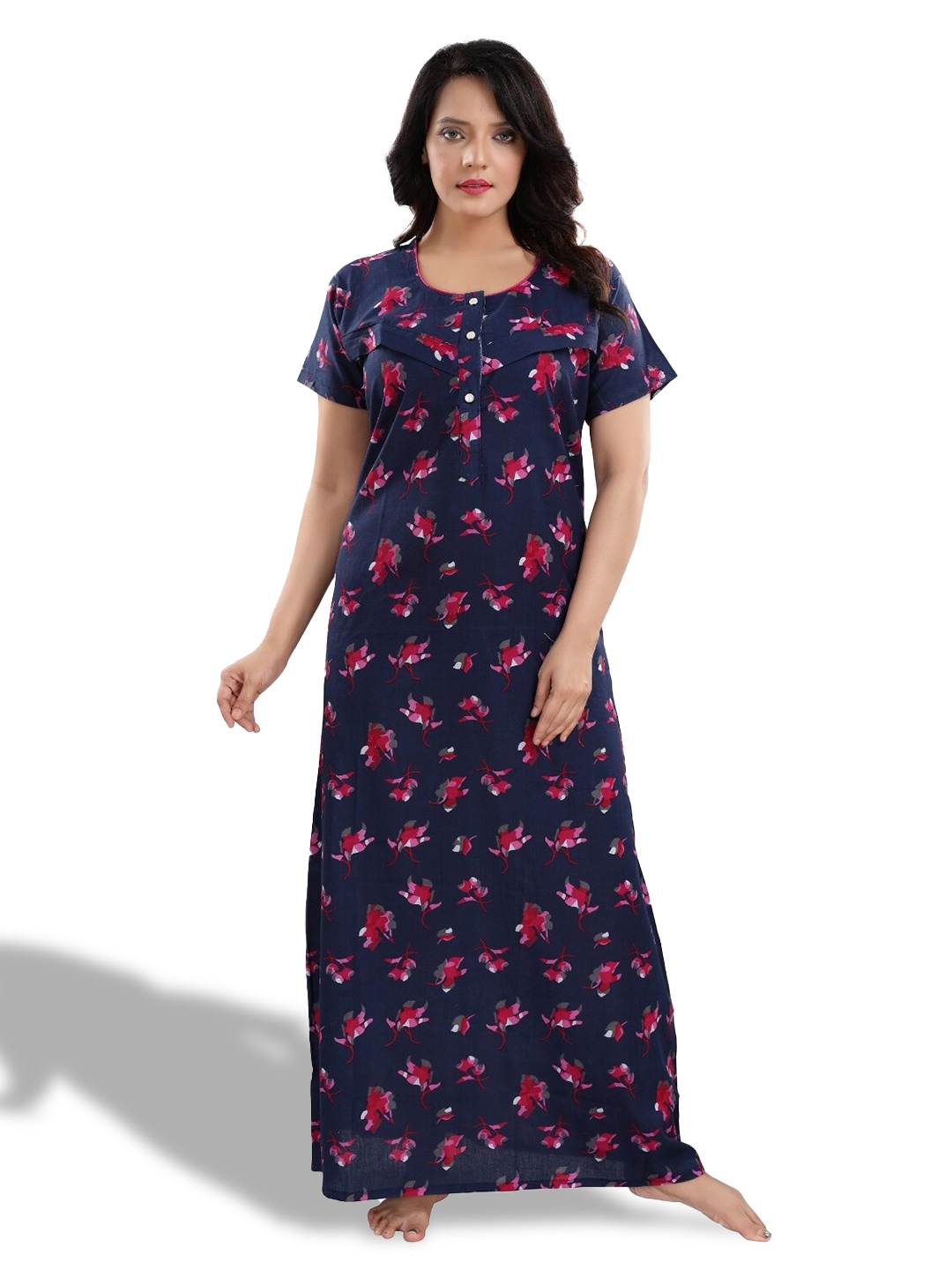 

Fabme Floral Printed Pure Cotton Maternity Maxi Nightdress, Navy blue