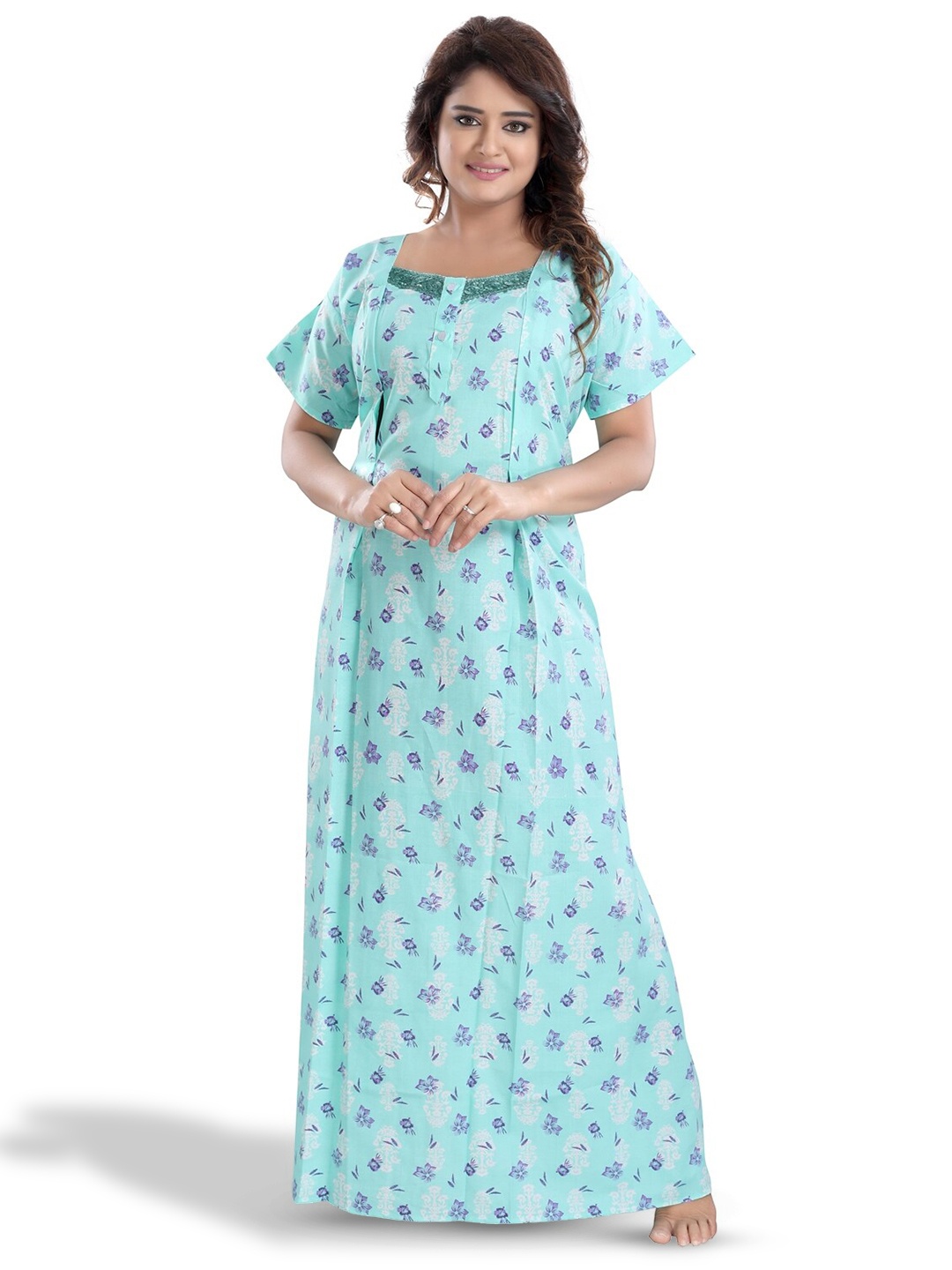 

Fabme Floral Printed Pure Cotton Maternity Maxi Nightdress, Green