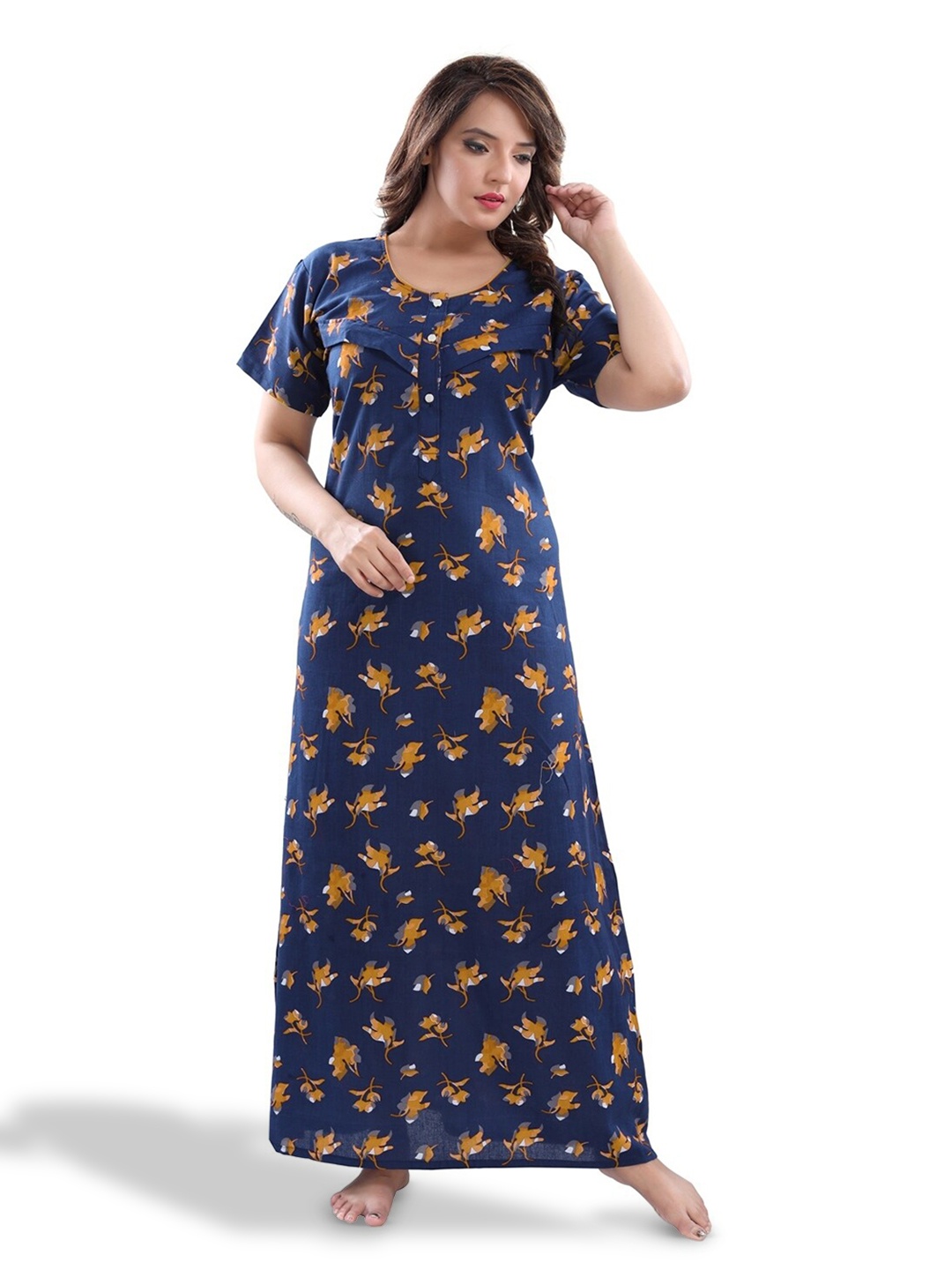 

Fabme Floral Printed Pure Cotton Maternity Maxi Nightdress, Navy blue