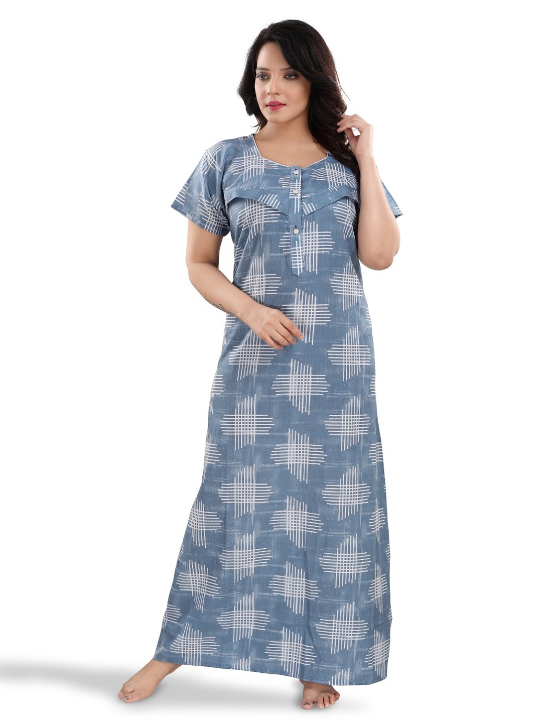 

Fabme Geometric Printed Pure Cotton Maternity Maxi Nightdress, Blue