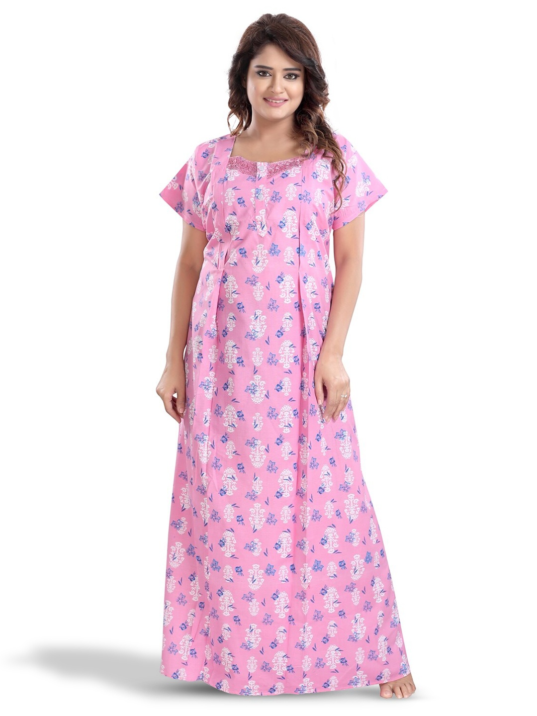 

Fabme Floral Printed Pure Cotton Maternity Maxi Nightdress, Pink