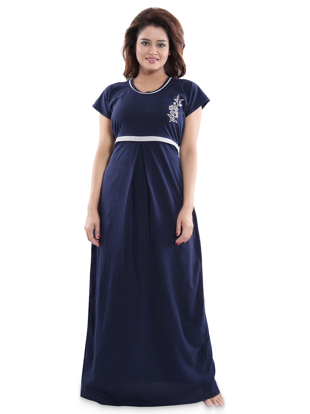 

Fabme Round Neck Pure Cotton Maternity Maxi Nightdress, Navy blue