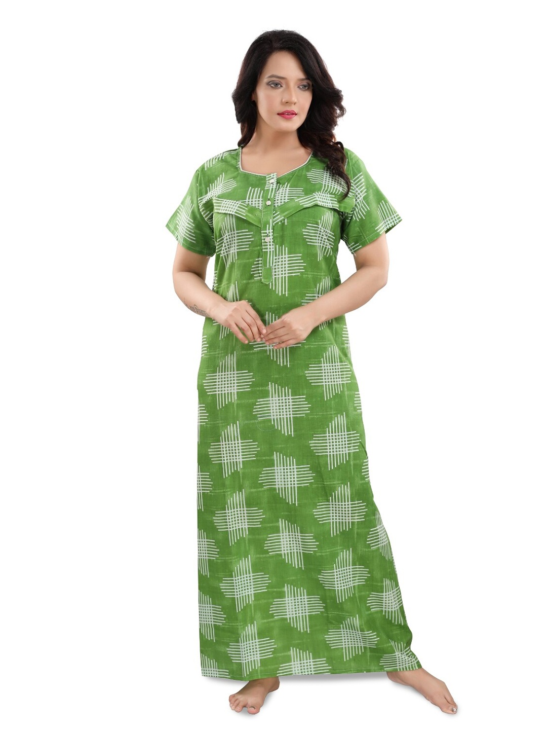 

Fabme Geometric Printed Pure Cotton Maternity Maxi Nightdress, Green