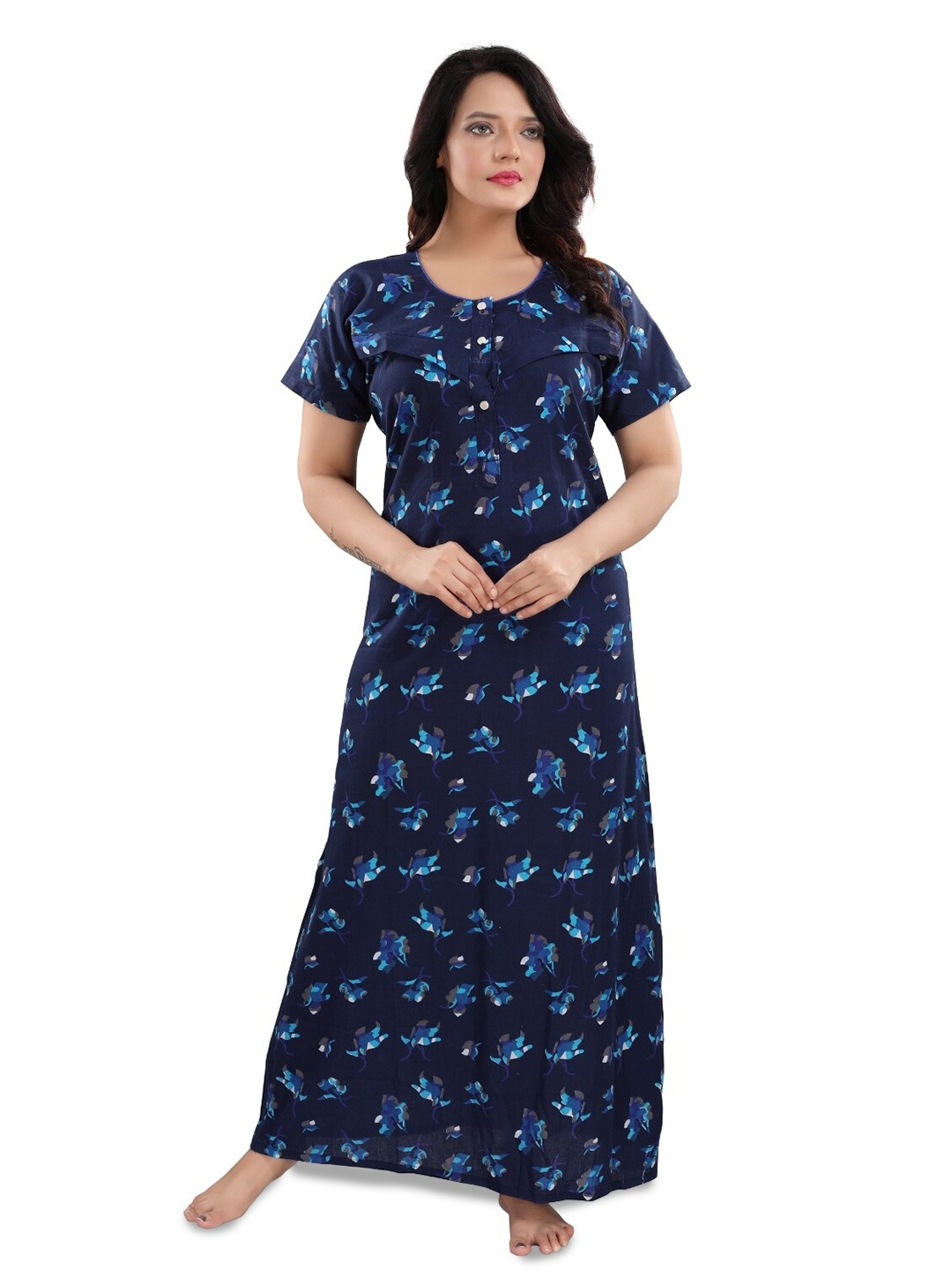 

Fabme Floral Printed Pure Cotton Maternity Maxi Nightdress, Navy blue