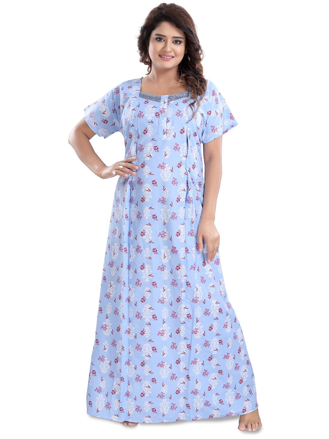 

Fabme Floral Printed Pure Cotton Maternity Maxi Nightdress, Blue