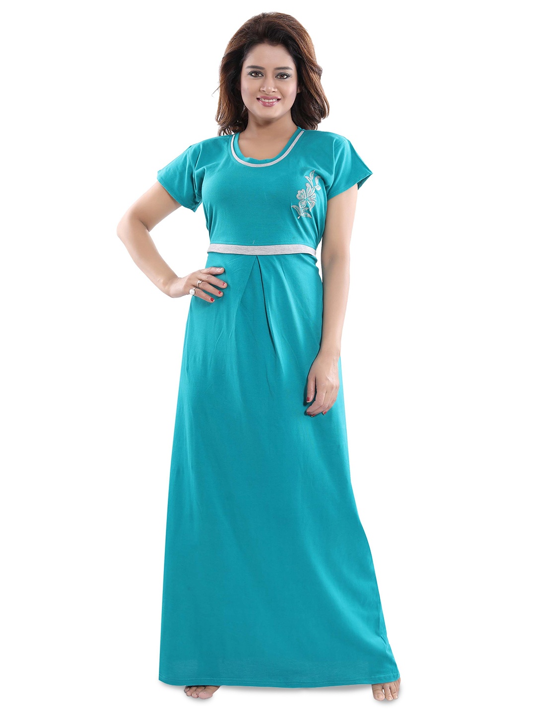 

Fabme Round Neck Pure Cotton Maternity Maxi Nightdress, Turquoise blue
