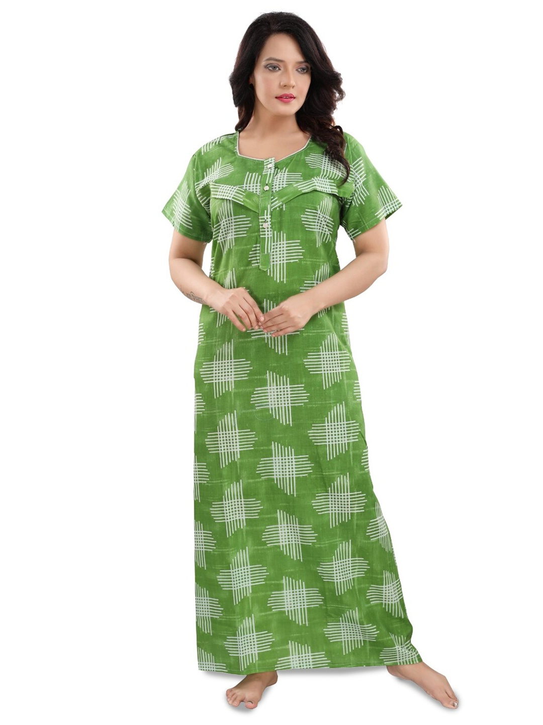 

Fabme Geometric Printed Pure Cotton Maternity Maxi Nightdress, Green