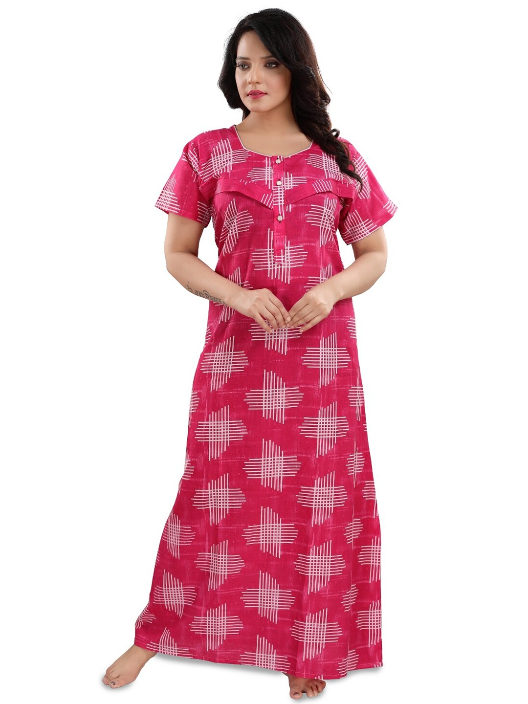 

Fabme Geometric Printed Pure Cotton Maternity Maxi Nightdress, Pink