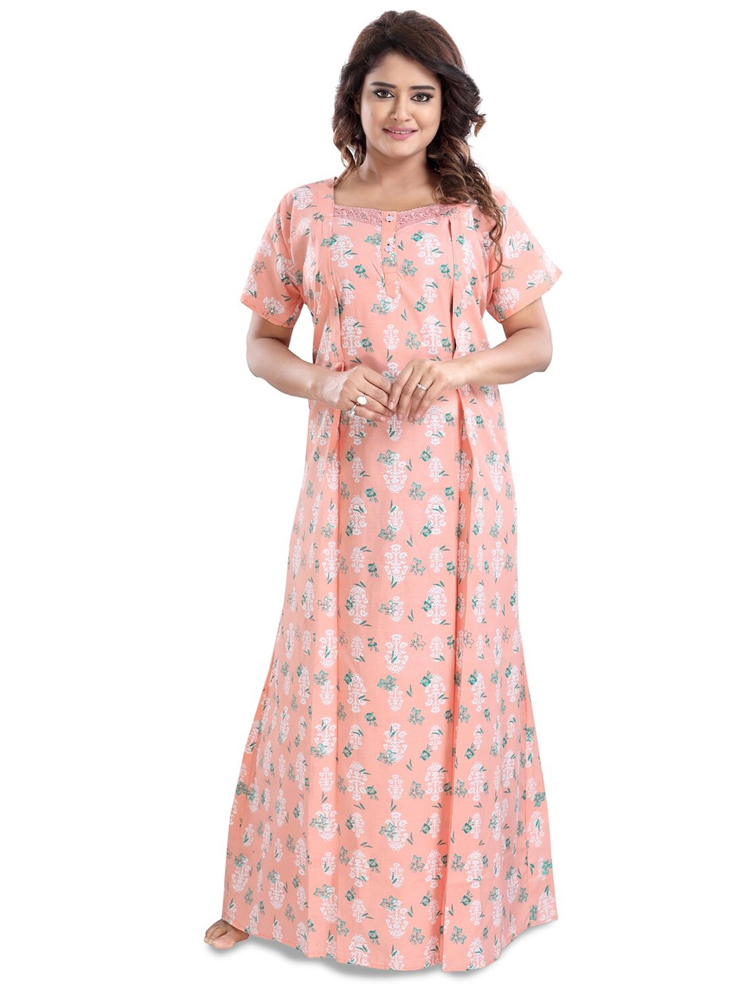 

Fabme Floral Printed Pure Cotton Maternity Maxi Nightdress, Orange