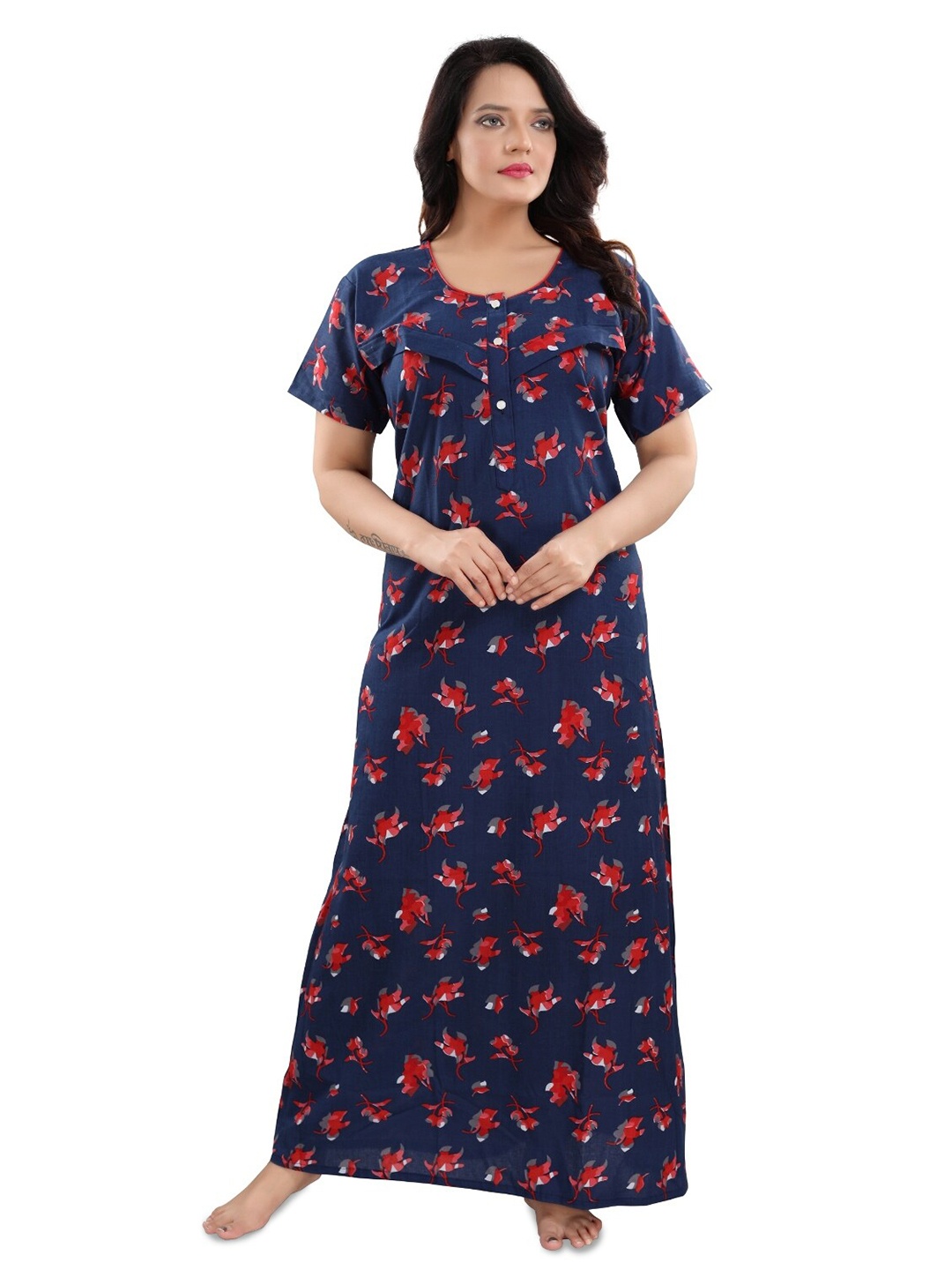 

Fabme Floral Printed Pure Cotton Maternity Maxi Nightdress, Navy blue